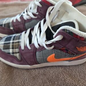 Nike Air Jordan 1 Mid SE Plaid in the Night Maroon, Black, White, and Total Oran